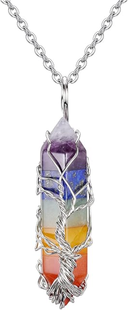 JSDDE Chakra Crystal Necklace Tree of Life Wire Wrapped Healing Crystals Gemstone Pendant Necklaces Jewelry for Women Christmas Gift