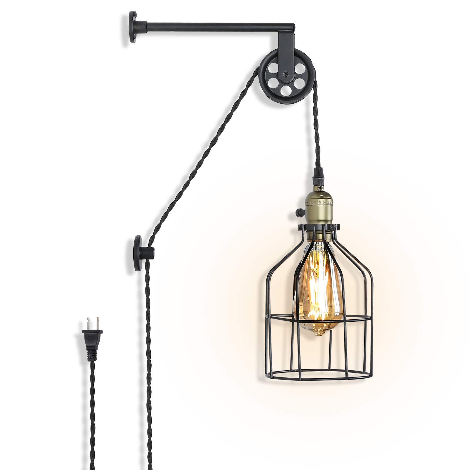 Aplique de pared Industrial Polea de Elevación Luces Vintage Lámparas de pared de Granja para Decoración de Sala de Estar, Accesorio Retro E27 con Lámpara Colgante de Rueda para Dormitorio