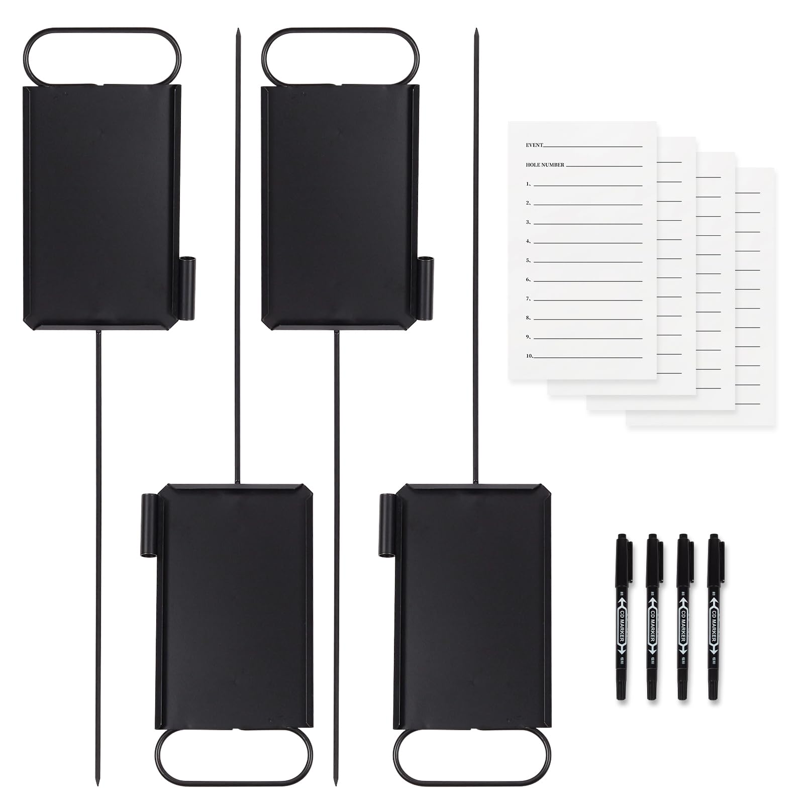 Niyanghome 4 Pcs Closest to The Pin Marker - Golf Metal Proximity Marker with 50 Sheets Cards and 4 Pens, Stainless Steel Golf Marker Golf Signs for Long Drive Putting Competition