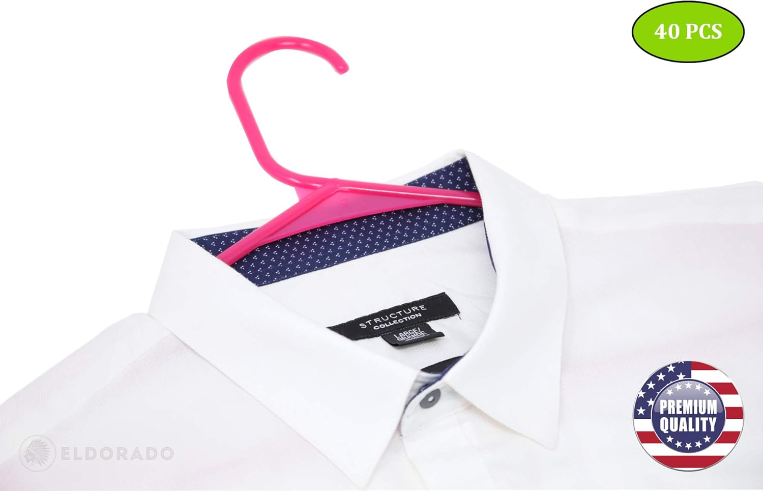 Eldorado Hangers for Adult Size Clothing, Plastic, Ideal for Everyday Standard Use Clothes, Shirts, Blouses, T-Shirts, Dresses, Jackets, Suits. Color - Hot Pink, Pack - 40 PCS.