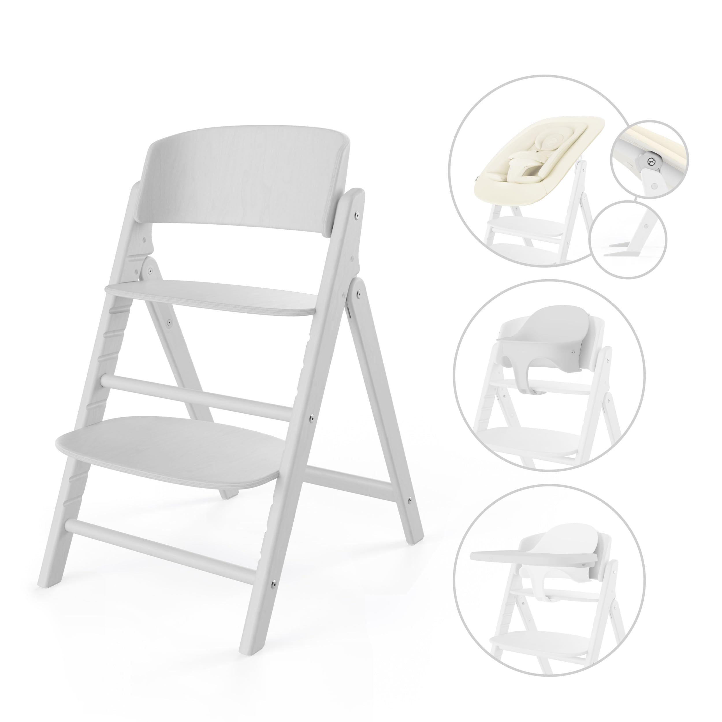 CYBEX Gold zestaw krzesełek do karmienia CLICK & FOLD 4w1, Rośnie razem z dzieckiem, W komplecie Złote gniazdko leżaczka, Zestaw i taca dla niemowląt, Drewno bukowe/Bawełna/Plastik, All White
