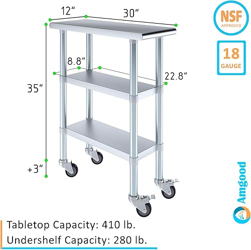 Miniatura 90 de AmGood Mesa de trabajo de acero inoxidable con 2 estantes y ruedas Mesa de trabajo de metal con ruedas