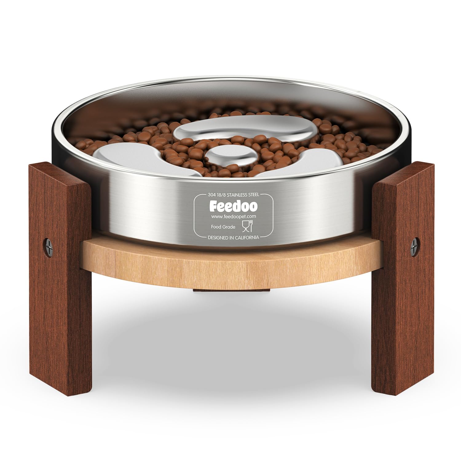 Feedoo Elevated Dog Bowl Stand, 4'' Height Raised Stand for Small Dogs, Includes 1Cup Stainless Steel Slow Feeder Dog Bowl, Durable Solid Hardwood
