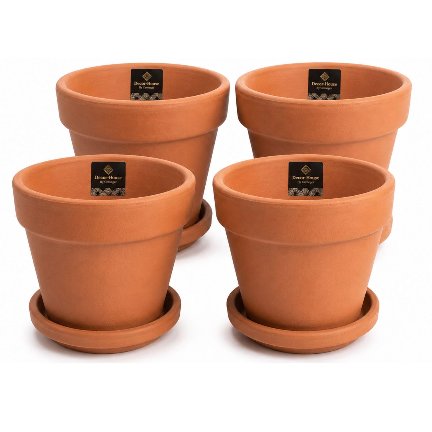 Maceta Exterior Set 4 Unidades | Terracota Clásica | con Plato Incluido | Cerámica Resistente | para Plantas Interior y Exterior | Diseño Tradicional