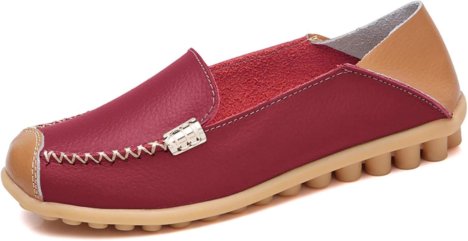 VenusCelia Women's Comfort Walking on Clouds Flat Loafer 5.5 Burgundy/Patches