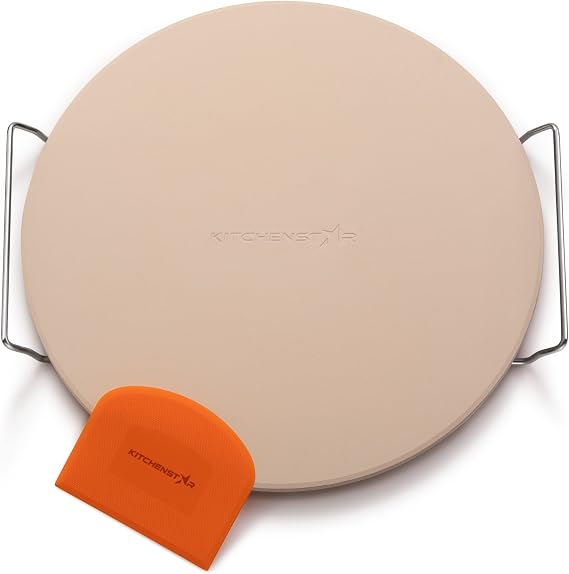14" Pizza Stone for Oven & Grill with Handles - Natural Cordierite Baking Stone Set with SS Rack & Plastic Scraper (1500 °F Resistant, Round, Medium)