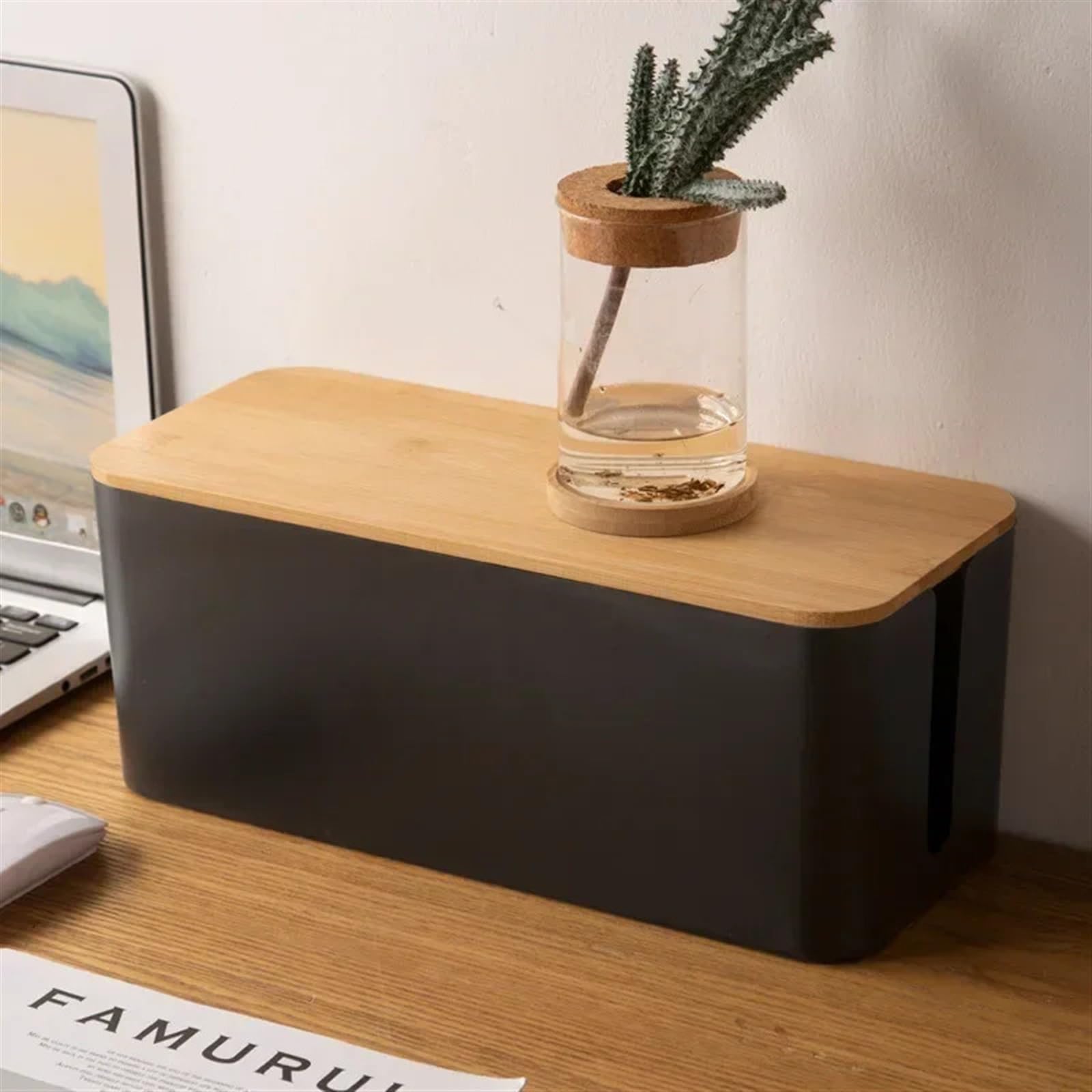 Kabelmanagementbox Draht Box Bambus Holz Abdeckung Kabel Management Board Lagerung Netzkabel Kreative Einfache Ladegerät(M-Black)