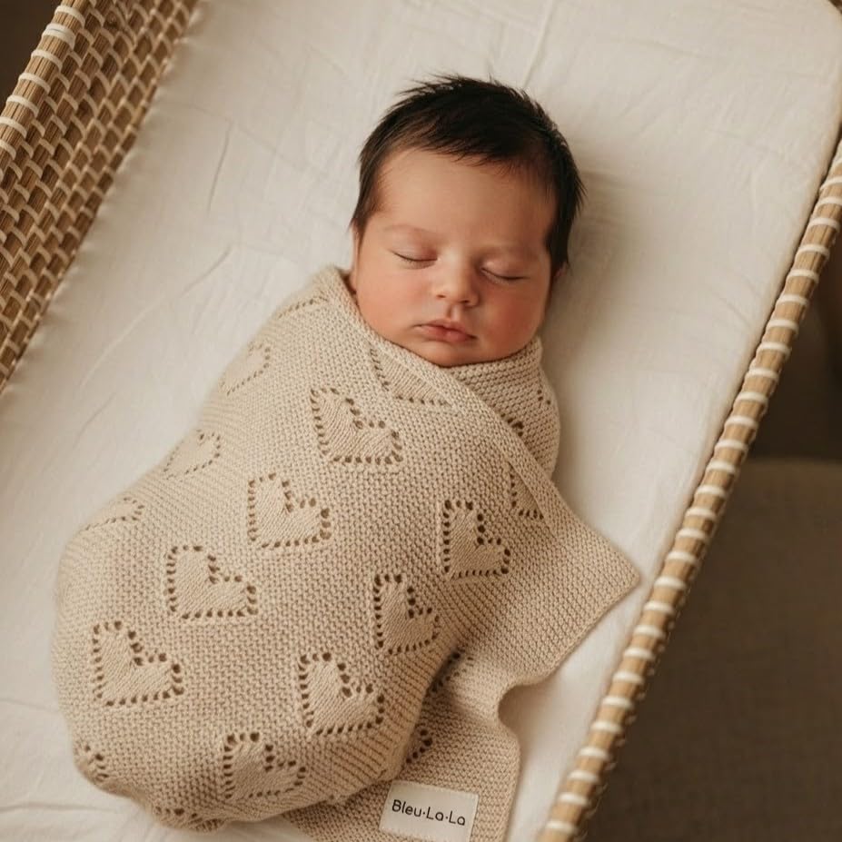 Image of Heirloom Knit Heart Receiving Unisex Blanket for Boys and Girls - 100% Luxury Cotton Baby Blanket - Soft Warm Swaddle Receiving Blanket for Newborns Infants & Toddlers (Oatmeal)