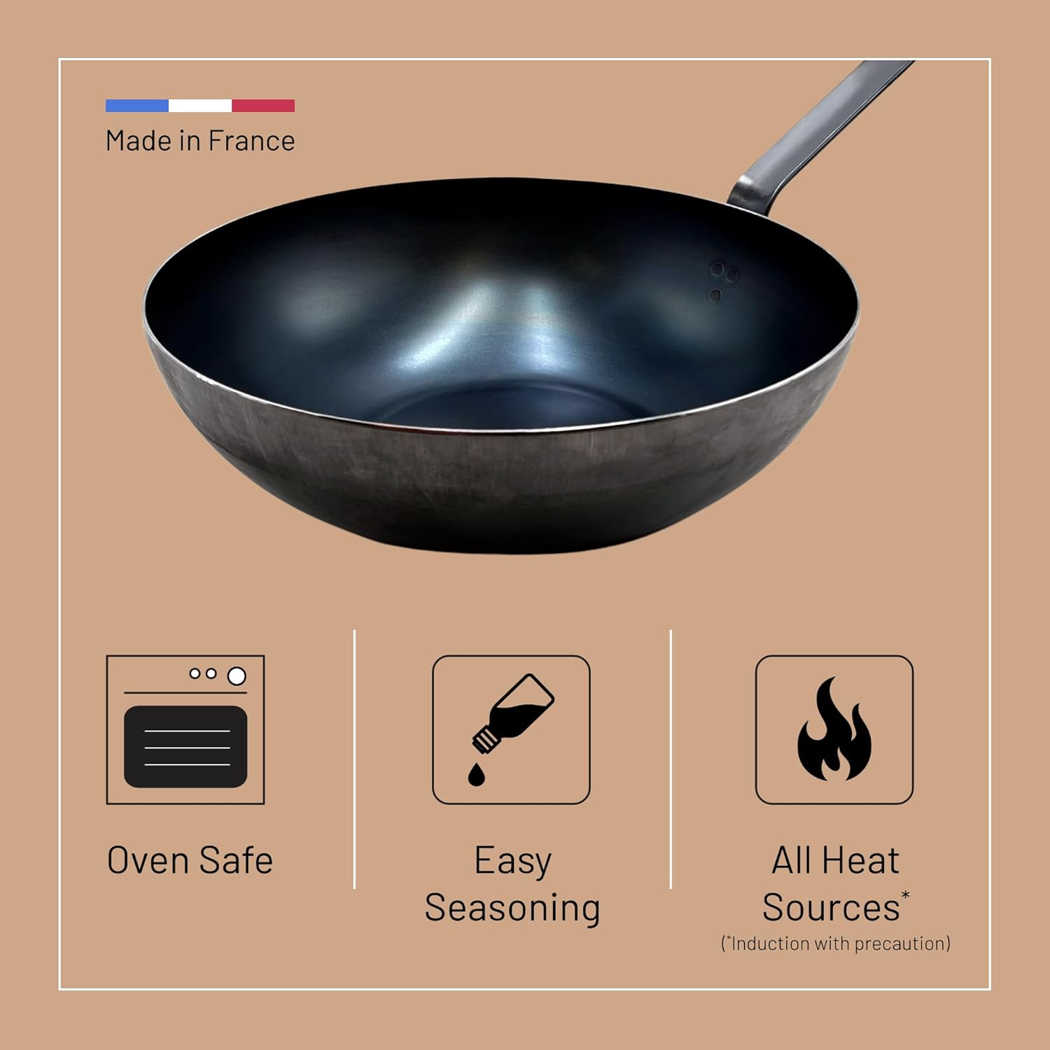 de Buyer - Blue Carbon Steel Wok Pan 2mm Thick - Access - 12.5” Diameter, 6” Cooking Surface - Oven Safe - Naturally Non-Stick Finish - Made in France