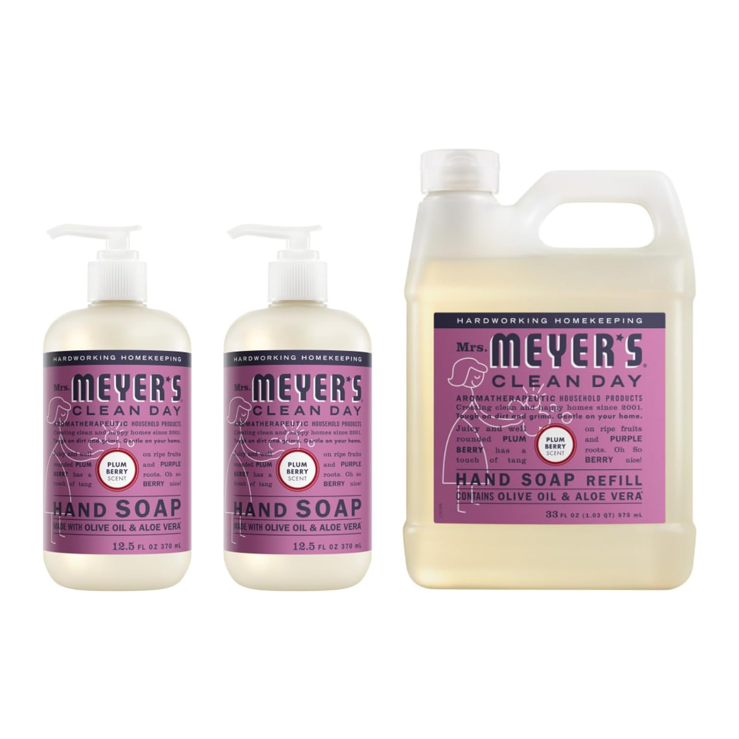 Meyers Mrs Clean Day Liquid Hand Soap Refill Variety Pack, 1 Rain Water, 1 Oat Blossom, 1 Plum Berry, 33 FL OZ (3 CT)