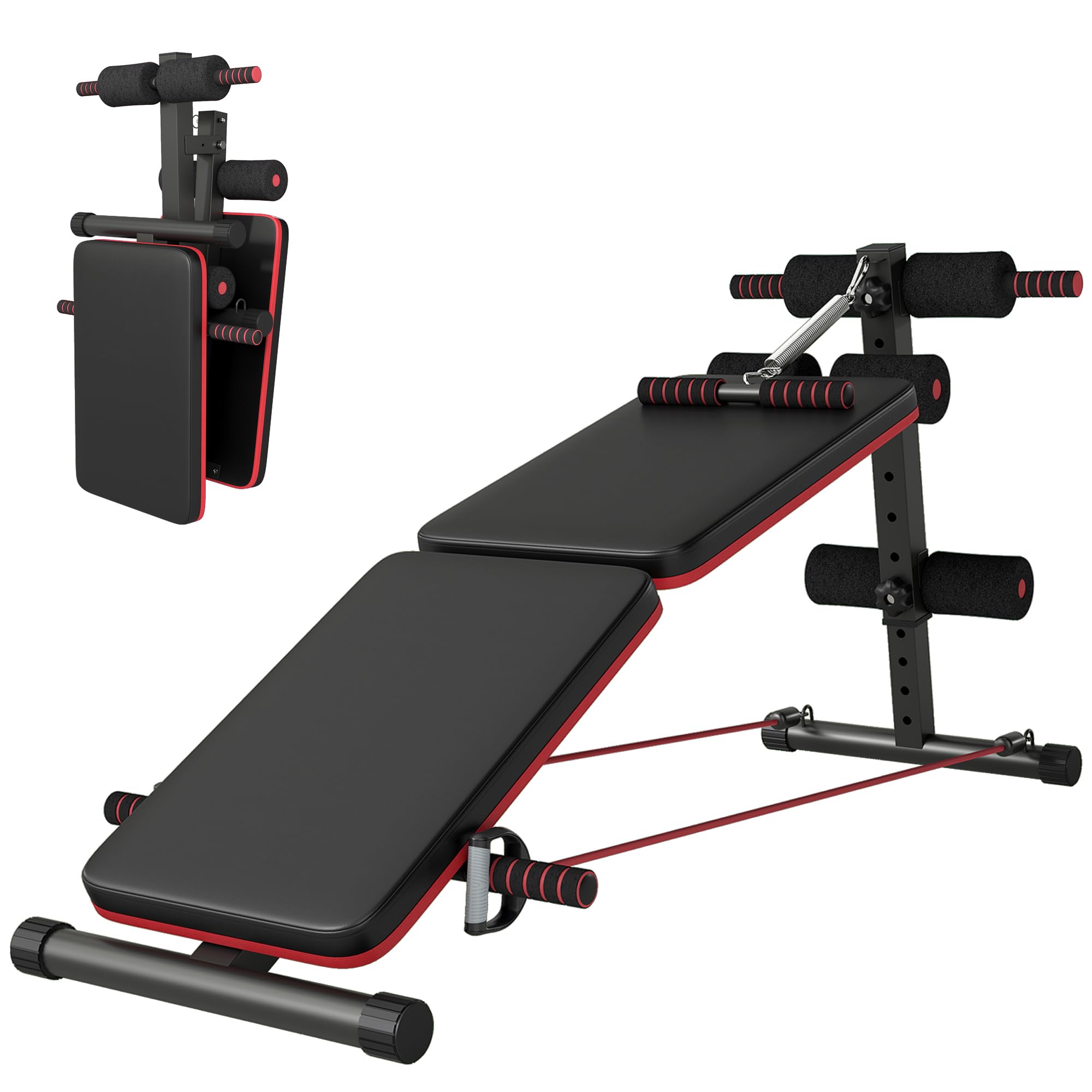 HOMCOM Foldable Sit Up Bench, Adjustable Abdominal Trainer with Resistance Bands, Padded Core Workout Bench for Home Gym Strength Training