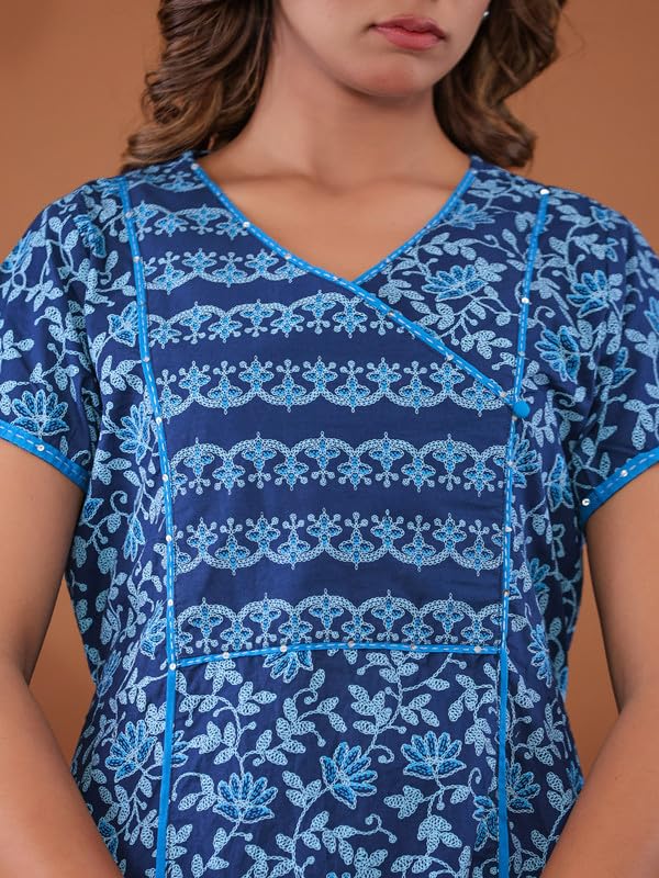 Image of NIHSAMAH Cotton Night Gown for Women - Angrakha Style Nighty, Comfortable Sleepwear /Nightwear /Maxi
