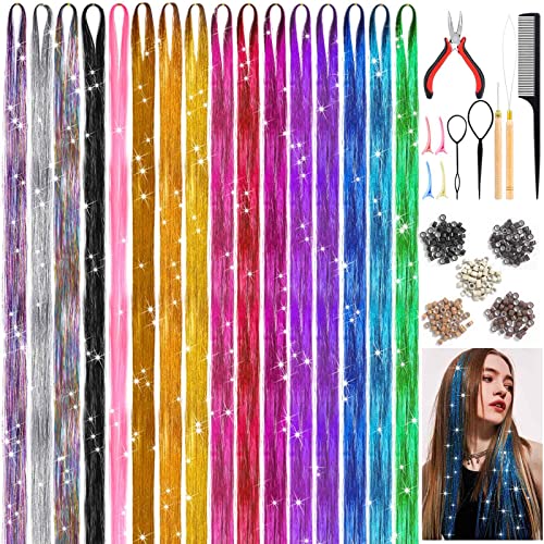 Hair Tinsel Kit (48 Inch,16 Colors, 3200 Strands), Glitter Tinsel Hair Extensions With Tools, Heat Resistant Fairy Hair Tinsel Kit For Women Girls Kids Daily Parties Festival Hair Accessories #TOP15