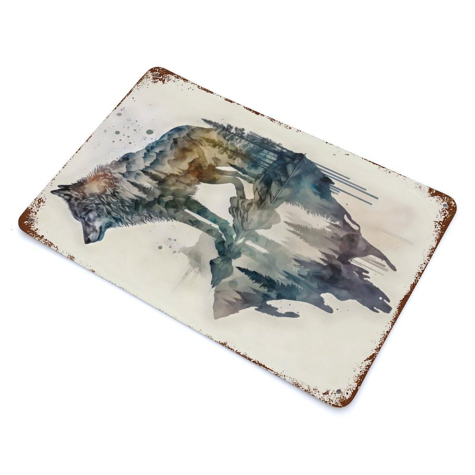 Distressed Metal Wall Sign with WOLF ABSTRACT Design 11.8"x7.9", for Office, Studio And Wall Decor, Industrial Home Decor