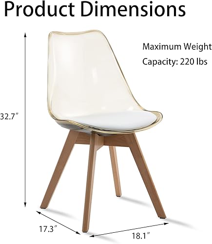 Miniatura 3 de Juego de 2 sillas de comedor transparentes, modernas sillas de comedor de acrílico con cojines de piel sintética y patas de madera, sillas laterales