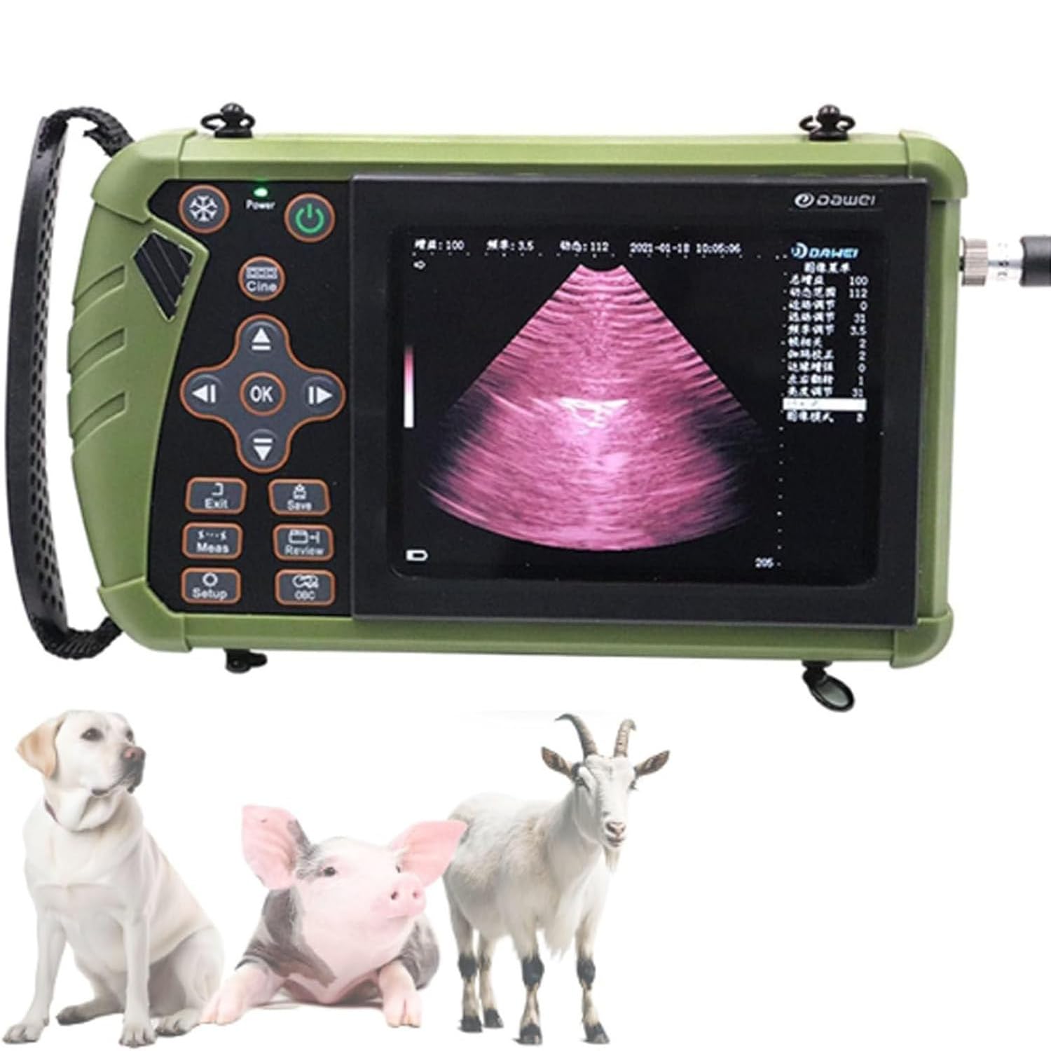 Aparat USG dla zwierząt, ekran HD 5,6 cala, wodoodporna sonda 3,5 MHz, bateria 4-godzinna, aluminiowa obudowa, praca w polu, do badań zwierząt gospodarskich (świnie, owce, kozy) i wykrywania ciąży