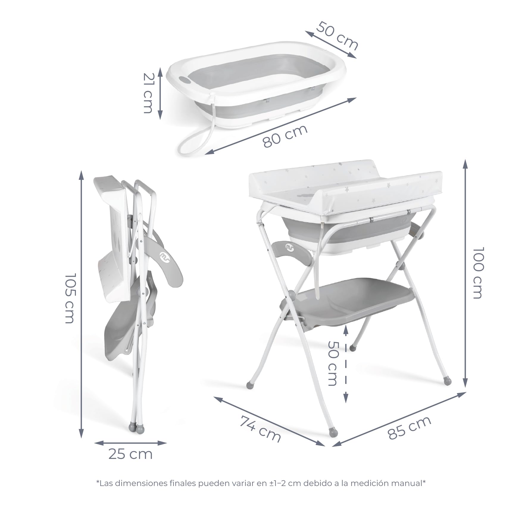 Ms BabyWorld ZOE - Bañera Bebe con Patas, Cambiador, Cojín Reductor y Cesta Portaobjetos - Comoda, Facil de Guardar, con Tapón y Patas Antideslizantes - Bañera Bebé Plegable y Portatil (Gris)