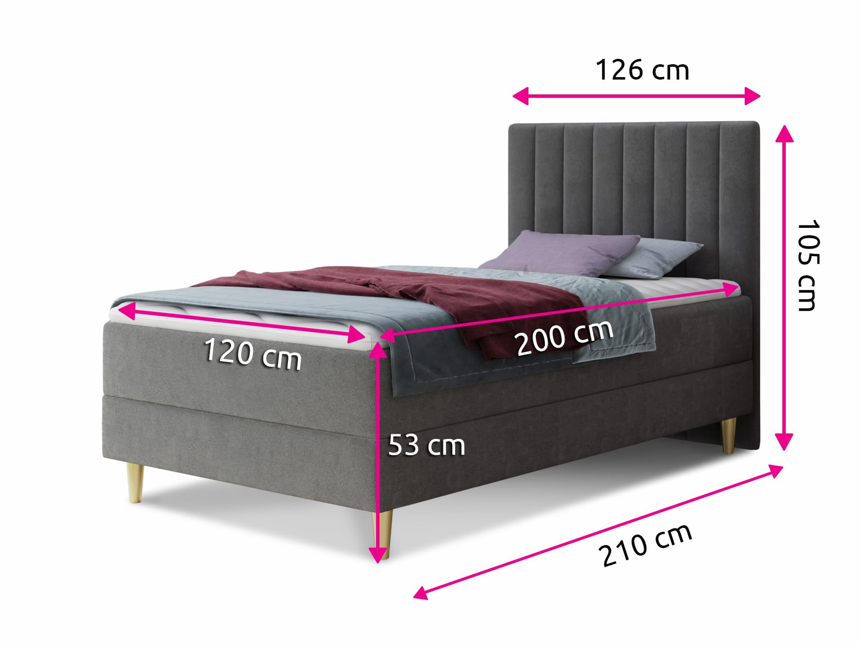 Boxspringbett Gold Mini mit Bettkasten, Bonell-Matratze und Topper - Einzelbett mit Matratzentopper, Polsterbett, Bett, Schlafzimmer, Jugendzimmer, Velours Stoff (Schwarz (Manila 18), 120 x 200 cm)