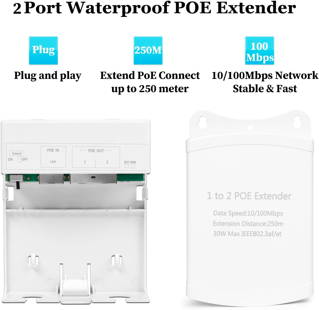 IP67 Waterproof 2 Port PoE Extender, PoE Repeater 100m/250m Extend Outdoor, Comply with IEEE802.3af/at, 1 in 2 Out PoE Adapter, 10/100Mbps RJ45, Plug and Play (WPOE6003-X)