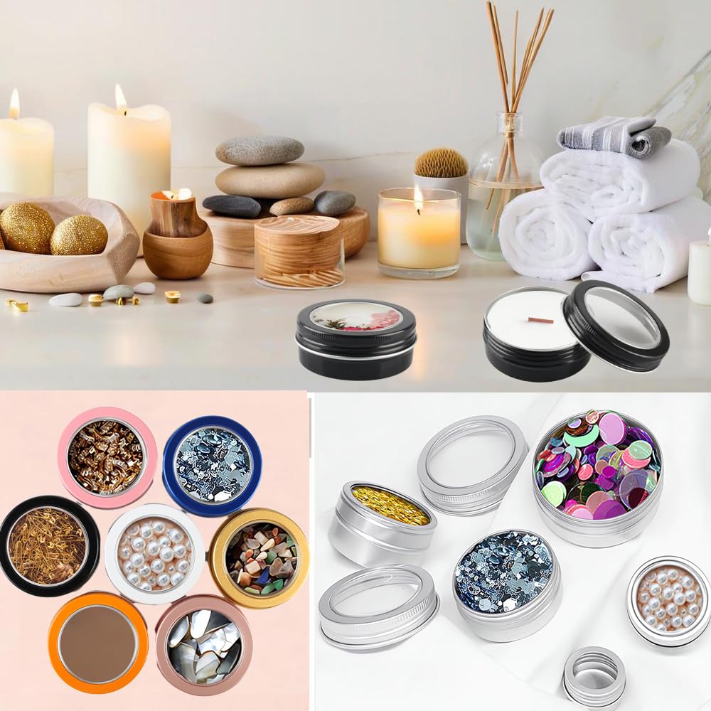 100 Piezas Tarros de Aluminio 60 ml Negro con Tapa Rosca Ventana – Lata Aluminio Redonda D68mm x H27mm – Botes Metálicos Pequeños para Cosmética, Velas DIY, Almacenamiento y Viaje