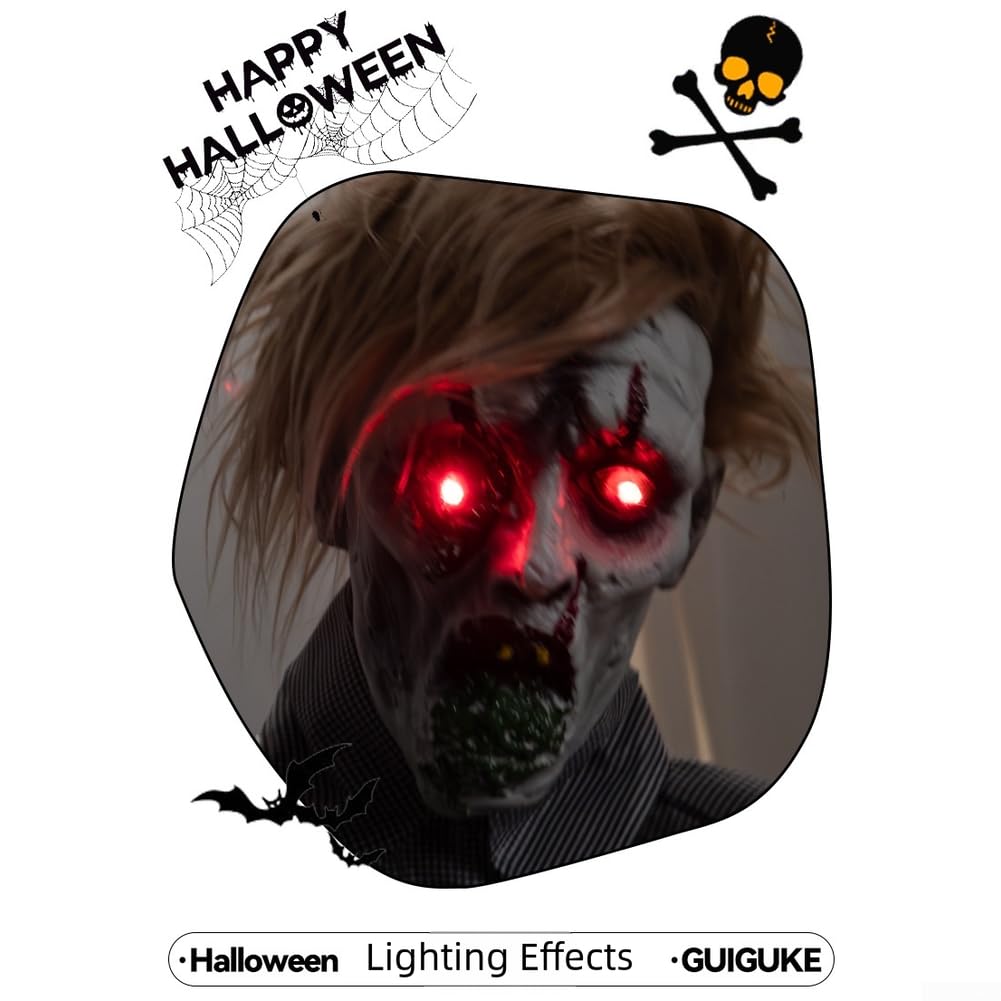 Zombi animado de Halloween con sensor de movimiento, figura de terror de cabeza giratoria de 190 cm de alto, ojos brillantes y efectos de sonido espeluznantes, tamaño real para decoración de patio al
