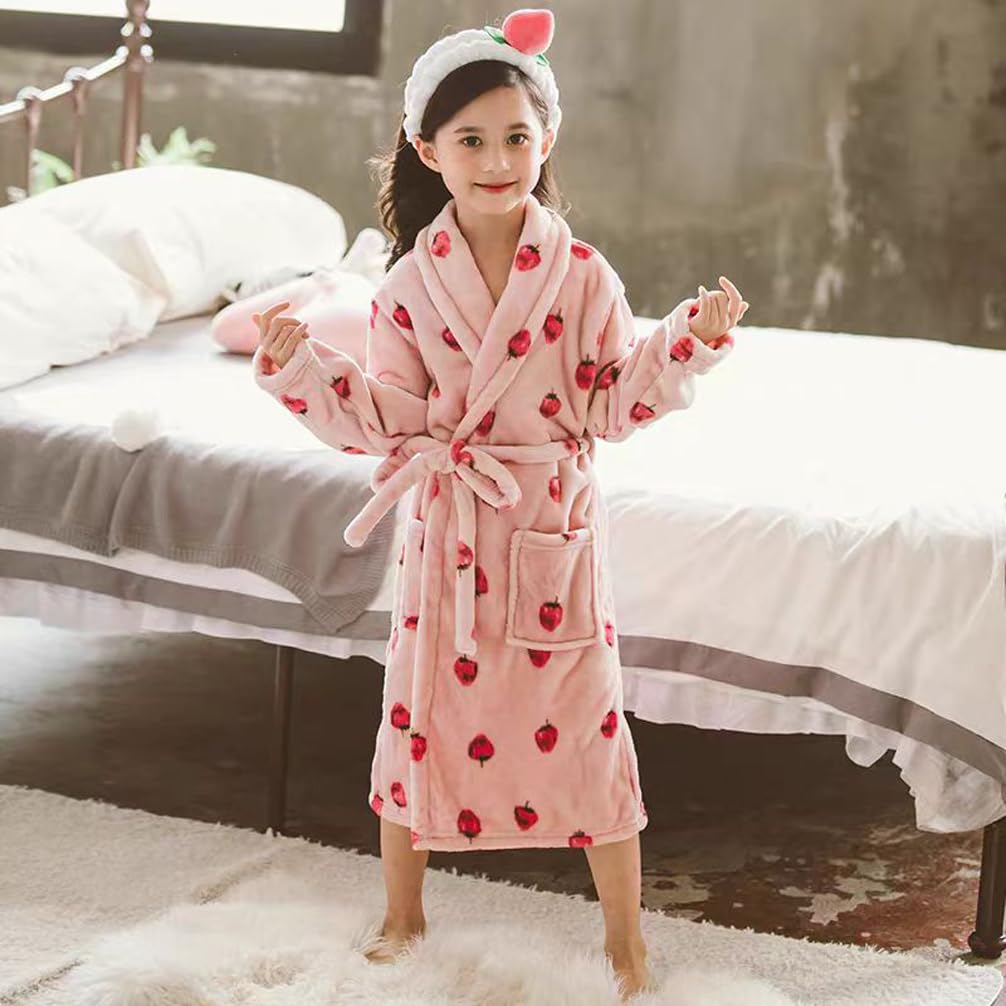 SRVNFBKT Boys Girls Bathrobes, Kids Hooded Bathrobes Plush Soft Flannel Robes Sleepwear Gift for Boys Girls Strawberry 11-12Y