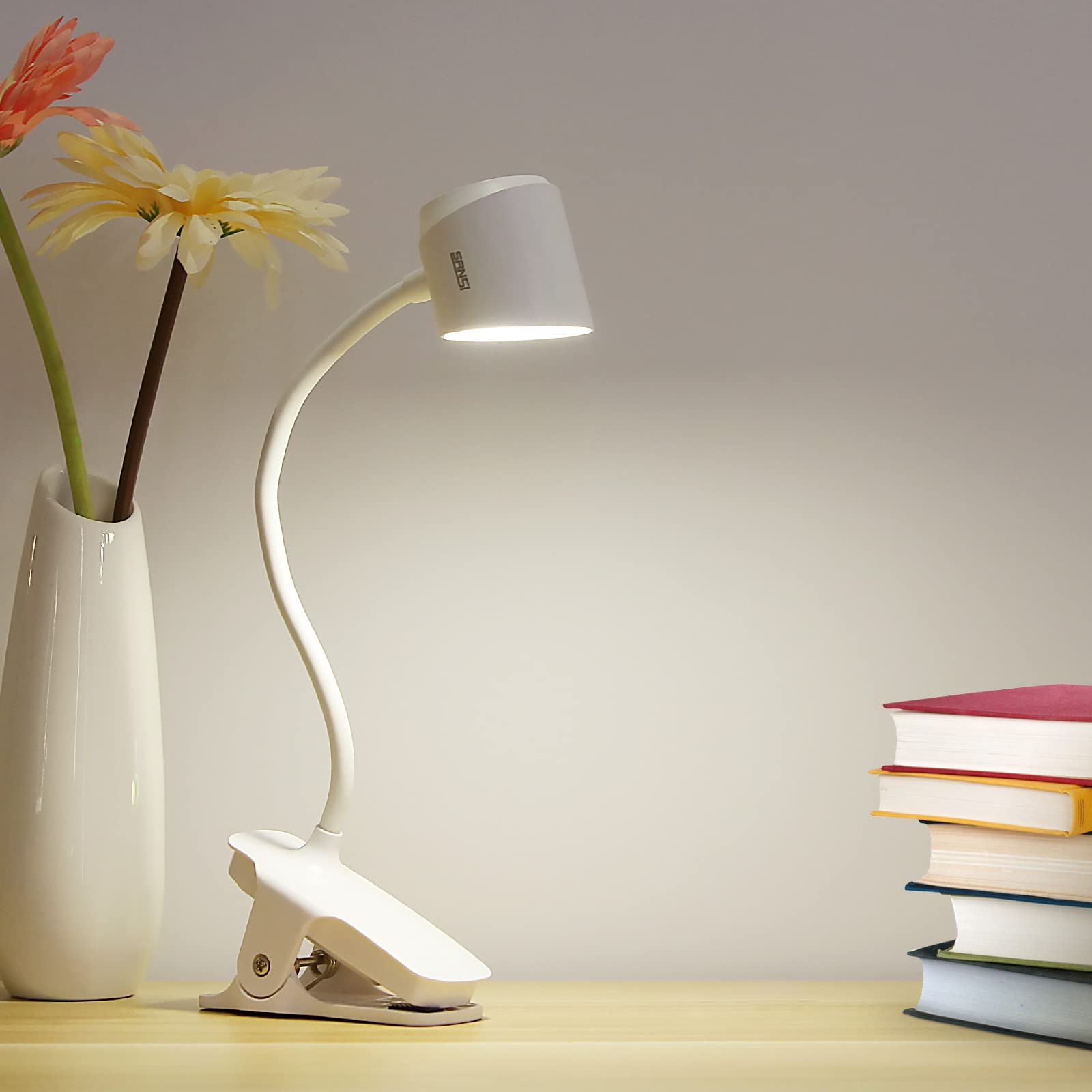 SANSI Lámpara Escritorio LED Regulable 6W con Pinza, Flexo Escritorio Control Tactil con 3 Niveles de Brillo, Lámpara de Lectura 4000K Recargable USB para Mesita de Noche Despacho Mesa