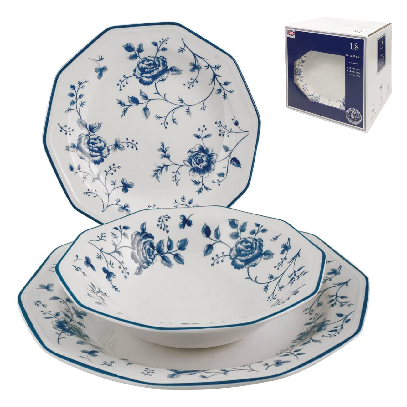 James Sadler&Sons Servizio da Tavola Rose, 18 Pezzi in Earthenware, Bianco/Blu, Lavabile in Lavastoviglie, Stile Inglese