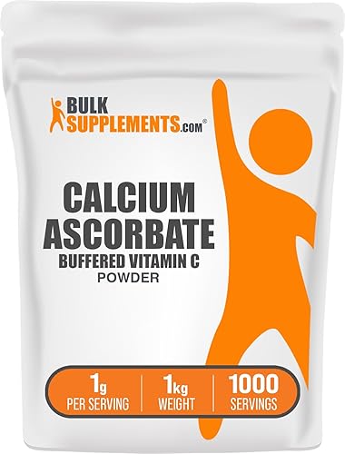 BulkSupplements. com Polvo de ascorbato de calcio - Vitamina C tamponada, suplemento de calcio con vitamina C - Sin gluten, 0.04 oz por porción, 2.2
