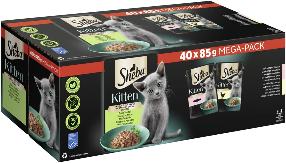 2x40x85g Sheba Katzenfutter Nassfutter Kitten Feine Vielfalt in Sauce Portionsbeutel Lachs Huhn Alleinfuttermittel für heranwachsende Katzen - Tiernahrung