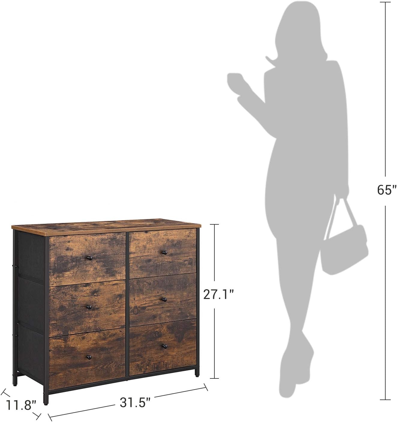 SONGMICS Rustic Drawer Dresser, Wide Storage Dresser with 6 Fabric Drawers, Industrial Closet Storage Drawers with Metal Frame, Wooden Top and Front, Rustic Brown and Black ULGS23H : Home & Kitchen