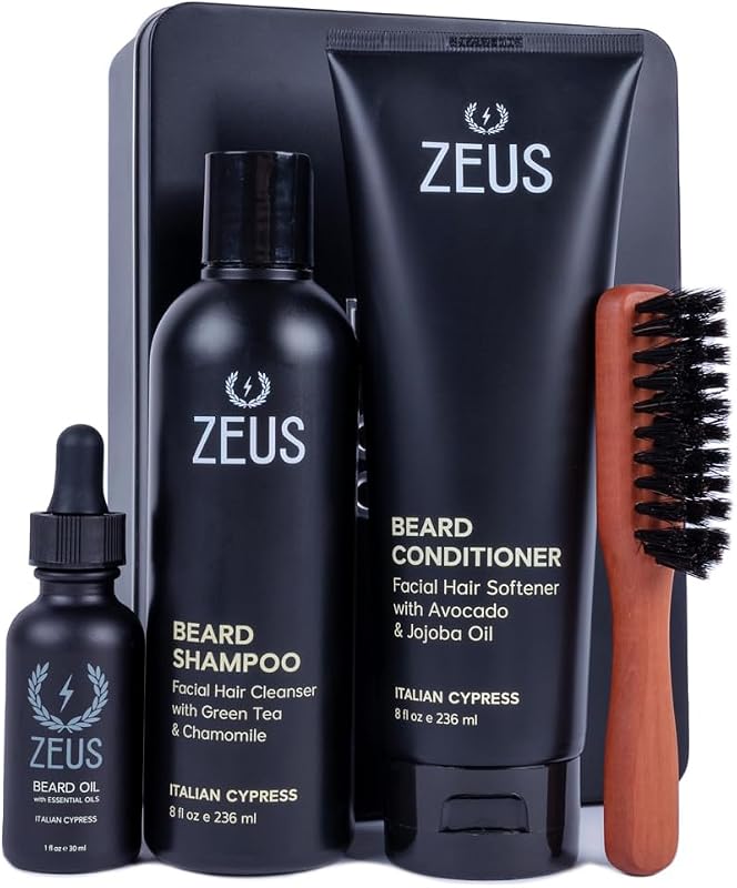 Kit de cuidados para barba ZEUS com óleo de cipreste italiano, shampoo, condicionador e escova
