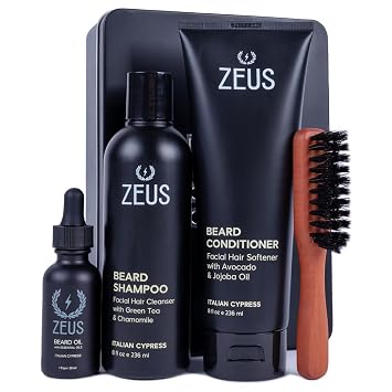 ZEUS Deluxe Beard Care Kit for Men, Italian Cypress Oil, Wash & Brush Set | Softens Texture, Reduces Itch, Boosts Control, Calms Irritation & Delivers Daily Nourishment for a Stronger Beard