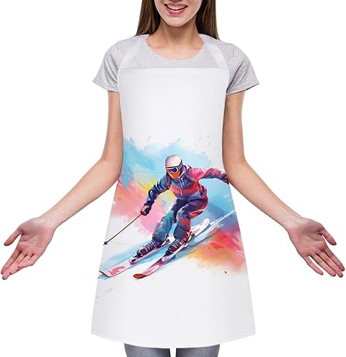 Miniatura 3 de Skier Watercolor Adult Apron Personalized Cooking Aprons Kitchen Bib with Adjustable Neck And Pockets