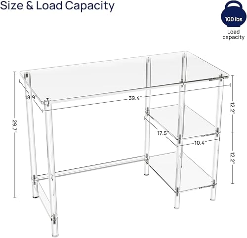 Miniatura 3 de HMYHUM Escritorio de acrílico para computadora de 40 pulgadas con estantes de almacenamiento reversibles, escritorio transparente de oficina en casa