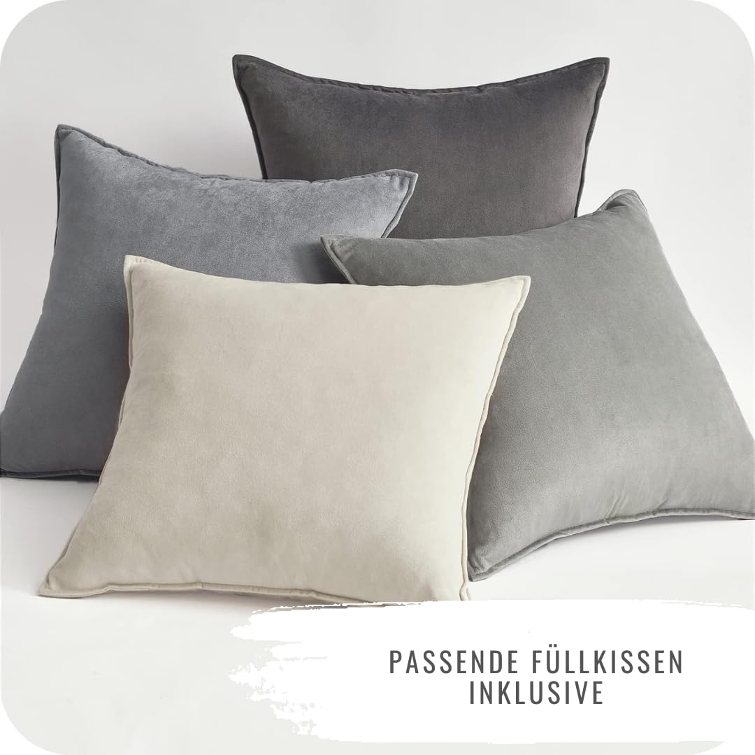 4er Set Kissen-Bezug mit Füllung Creme, Modell Sami, Luxus Kordsamt Sofakissen samt Couchkissen Dekokissen Zierkissen Kopfkissen, mit verstecktem Reisverschluss, weich & angenehm