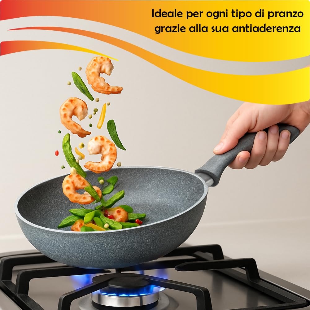 BAKAJI Juego de 3 sartenes de piedra, diámetro 20, 24 y 28 cm, revestimiento efecto piedra, antiadherente, con mango ergonómico Soft Touch Stone Effect, cuerpo de aluminio de 6 capas