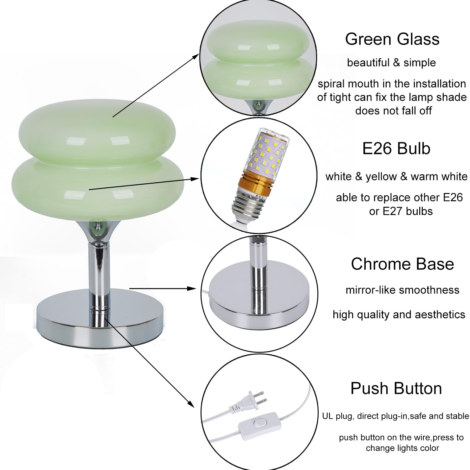 Jiesheng Glass Bedside Lamps 10.6" Egg Tart Modern Table Lamp for Nightstand Cute Lamp with 3 Color Modes Bulb Chrome Base for Living Room Bedroom Rome Decor Not Dimmable(Green)