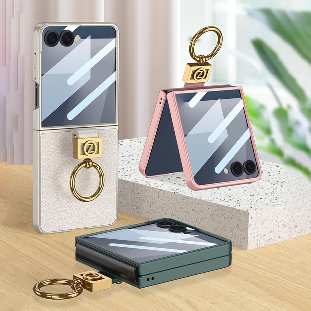 Zielony, Flip 7, skórzane etui do Samsung Galaxy Z Flip 7, wbudowana osłona ekranu, wąskie, odporne na wstrząsy etui z pierścieniem na palec