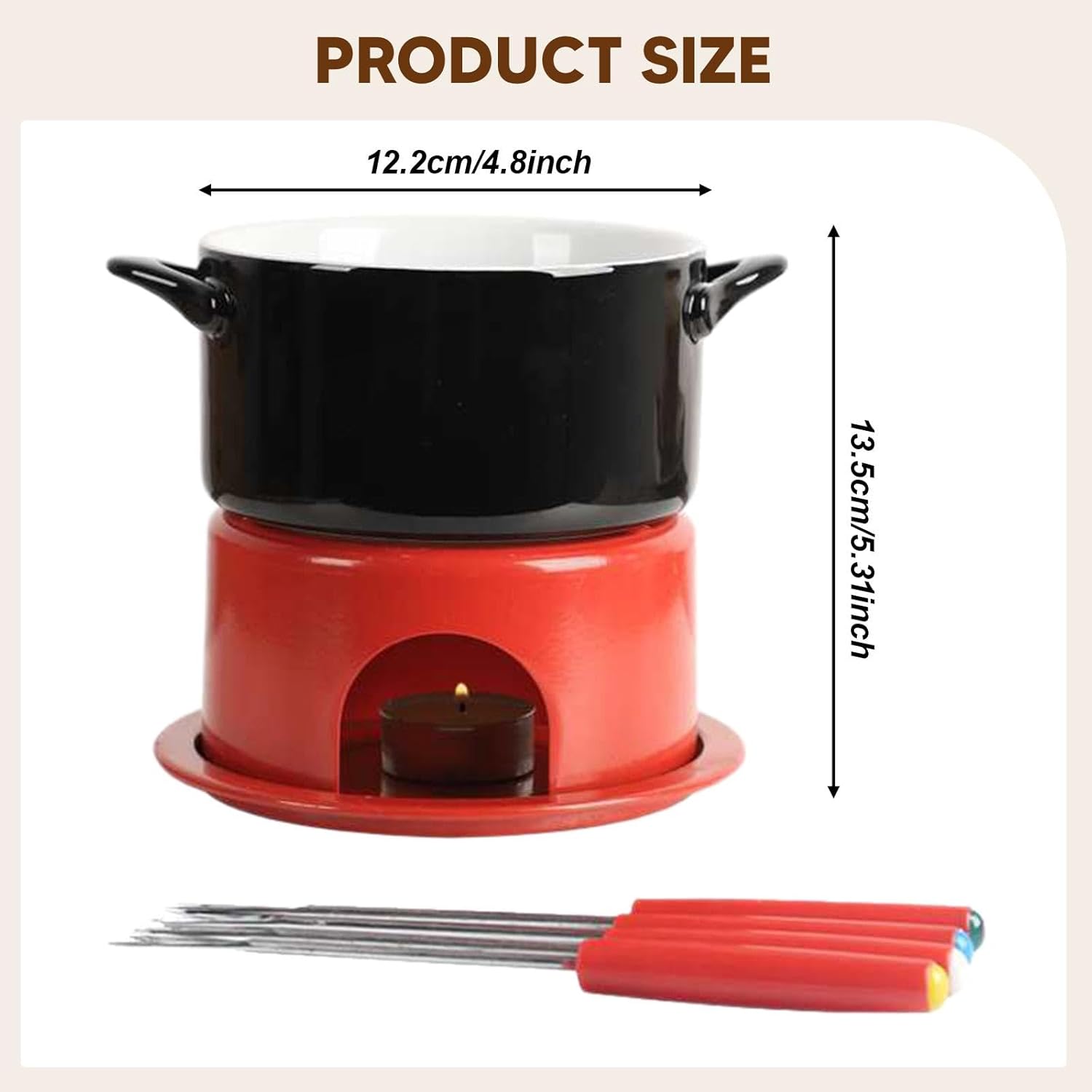 Ceramic Chocolate with Adjustable Tealight Temperature, Cheese Fondue Set, Butter Melter, Dessert Maker, Easy Cleaning, Multipurpos, Black Red