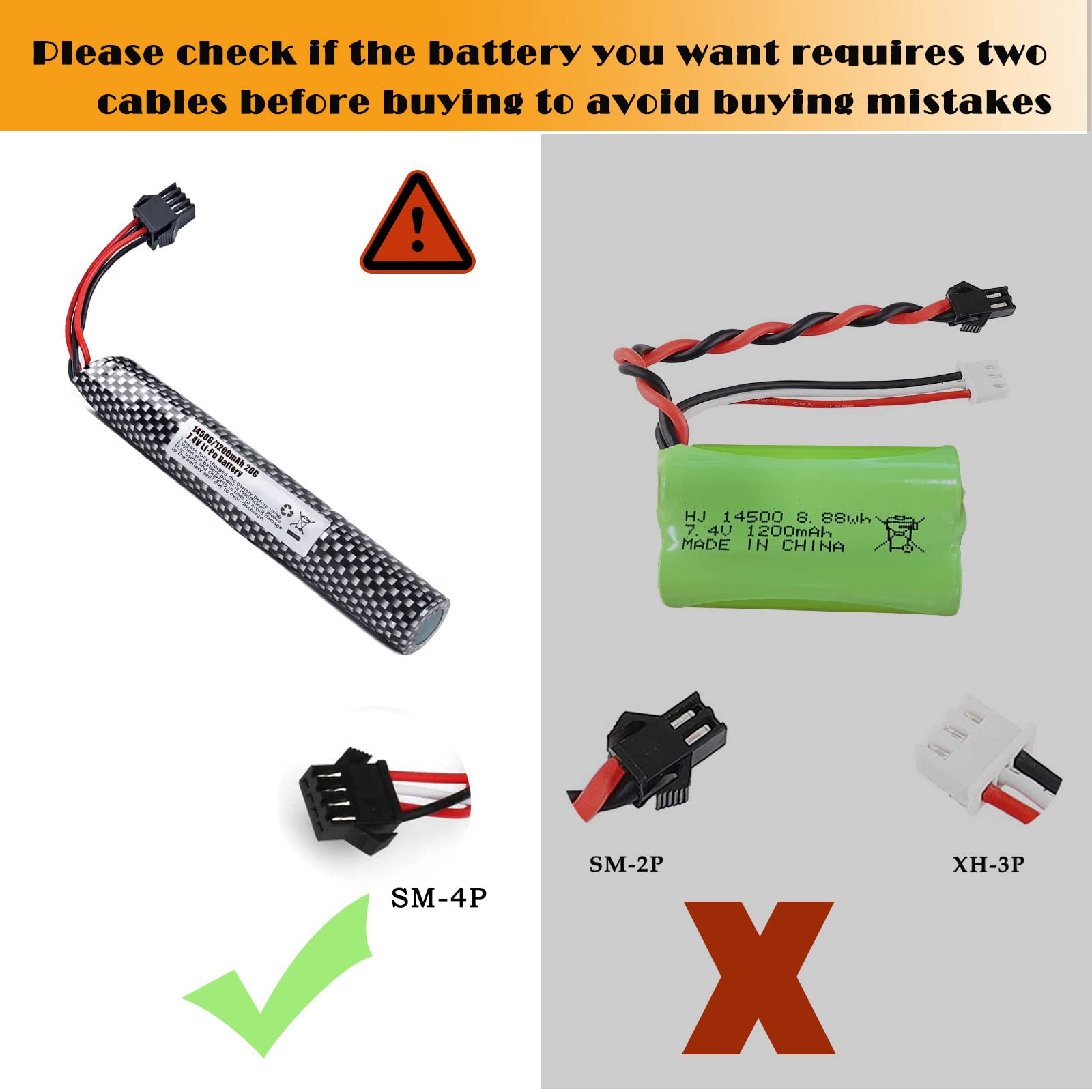 2 Pack Gel Blaster Battery for M416 or M4A1 7.4V 1200mAh Li-ion Battery with SM-4P Connecor and USB Chargers Rechargeable Batteries