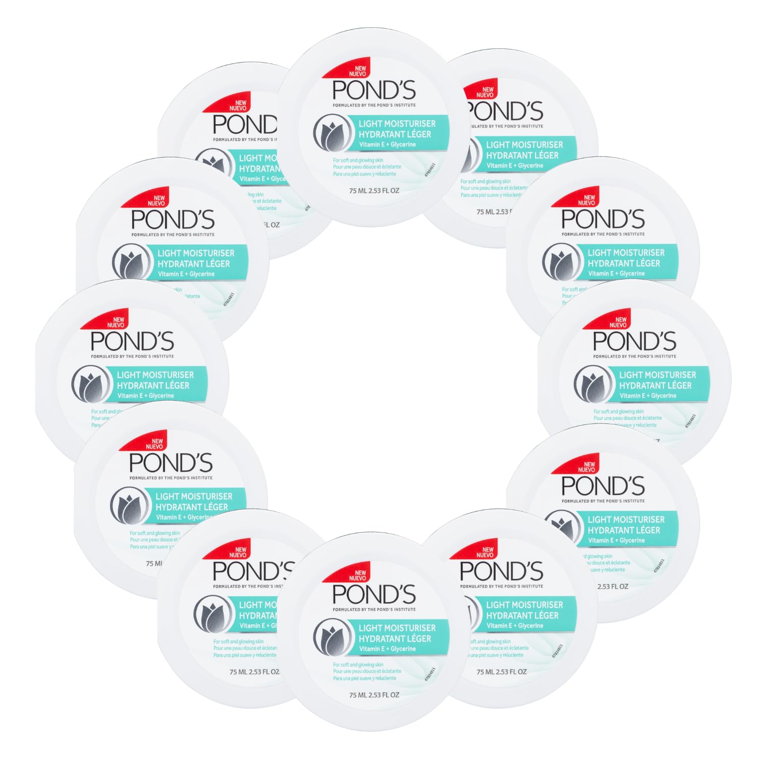 Pond's Light Moisturizer Cream, For Soft and Glowing Skin, Vitamin E, 12-Pack of 2.53 Fl Oz Each