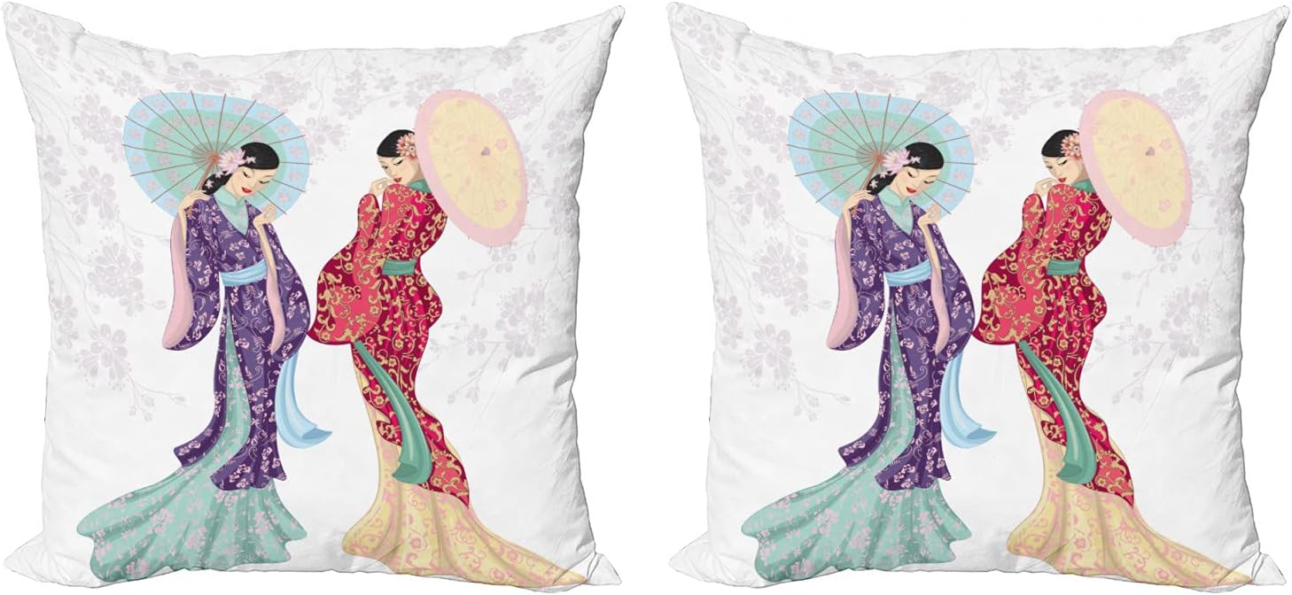 Lunarable Chinese Decorative Throw Pillow Case Pack of 2, 2 Woman with Umbrellas in Traditional Cheongsam Dress Oriental Folklore, Couch Bedroom Living Room Cushion Cover, 18", Multicolor