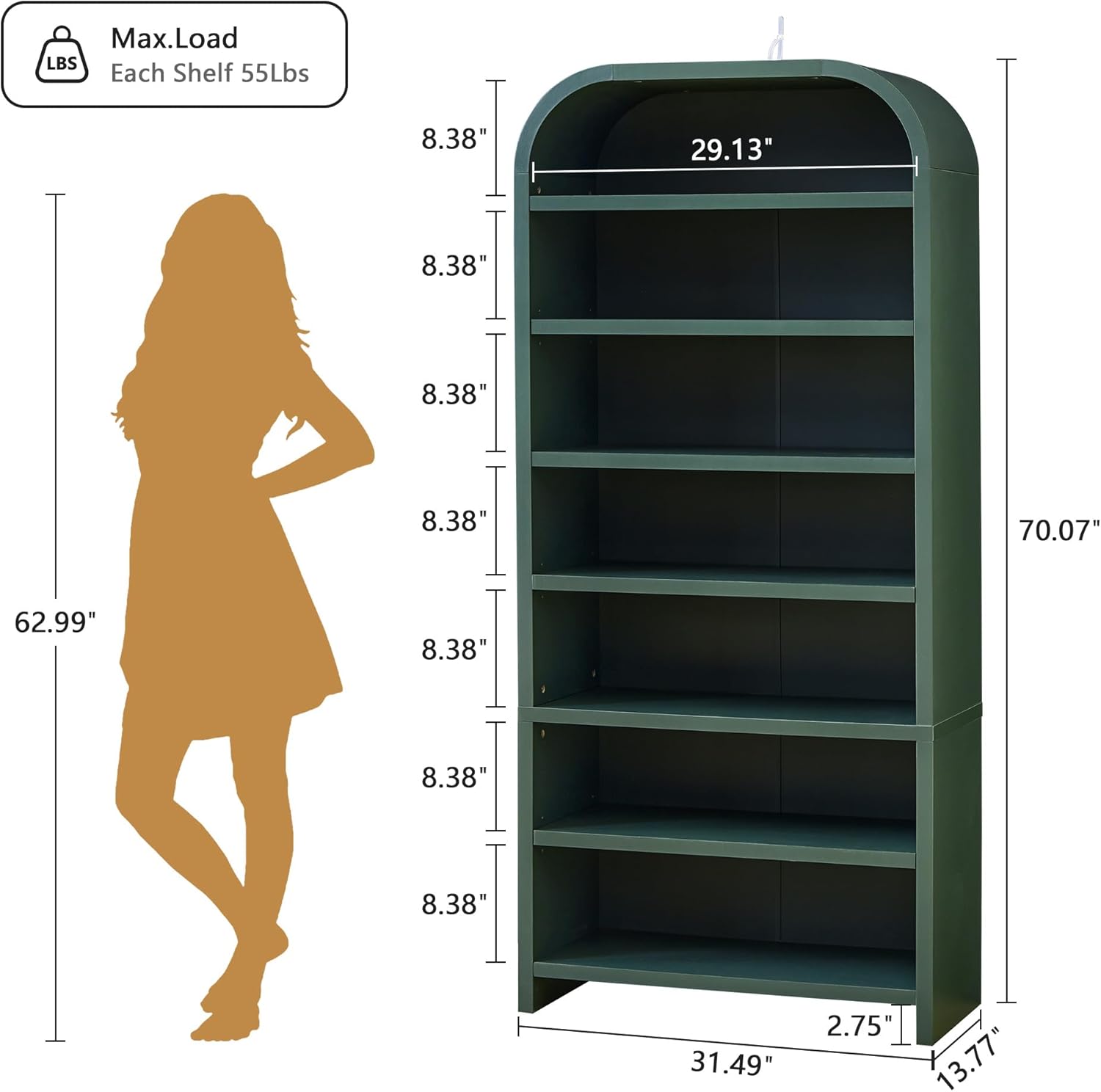LEVNARY 70" Tall Arched Bookcase, 7-Tier Freestanding Storage Cabinet with Adjustable Shelves, Thick MDF Bookshelf for Bathroom Living Room Bedroom (Green)
