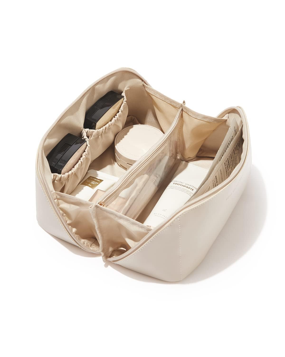 Large PU Leather Travel Makeup Bag, Brown, with Handle and Dividers, Cosmetic Organiser (White)-image-49