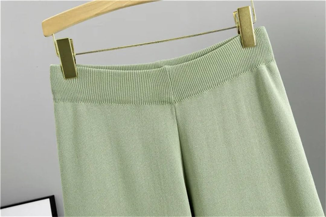 Donne Estate Seta Ghiaccio A Righe In Maglia Due Pezzi Slim Manica Corta Top Pullover Tee Conjunto Vita Alta Gamba Larga Pantaloni Abiti