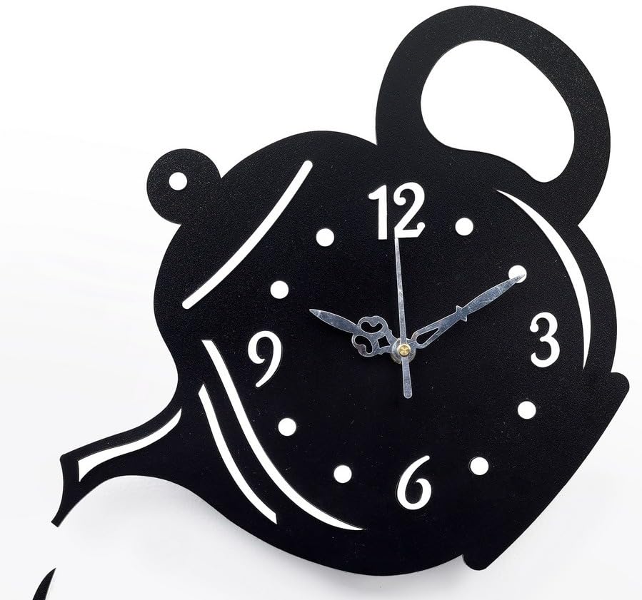 Image of cozyloom Tea Time Theme Wooden Wall Clock | Creative Teapot & Cup Cutout Design | Analog Kitchen Wall Clock for Home, Cafe & Office Decor | Gift Item (Black).