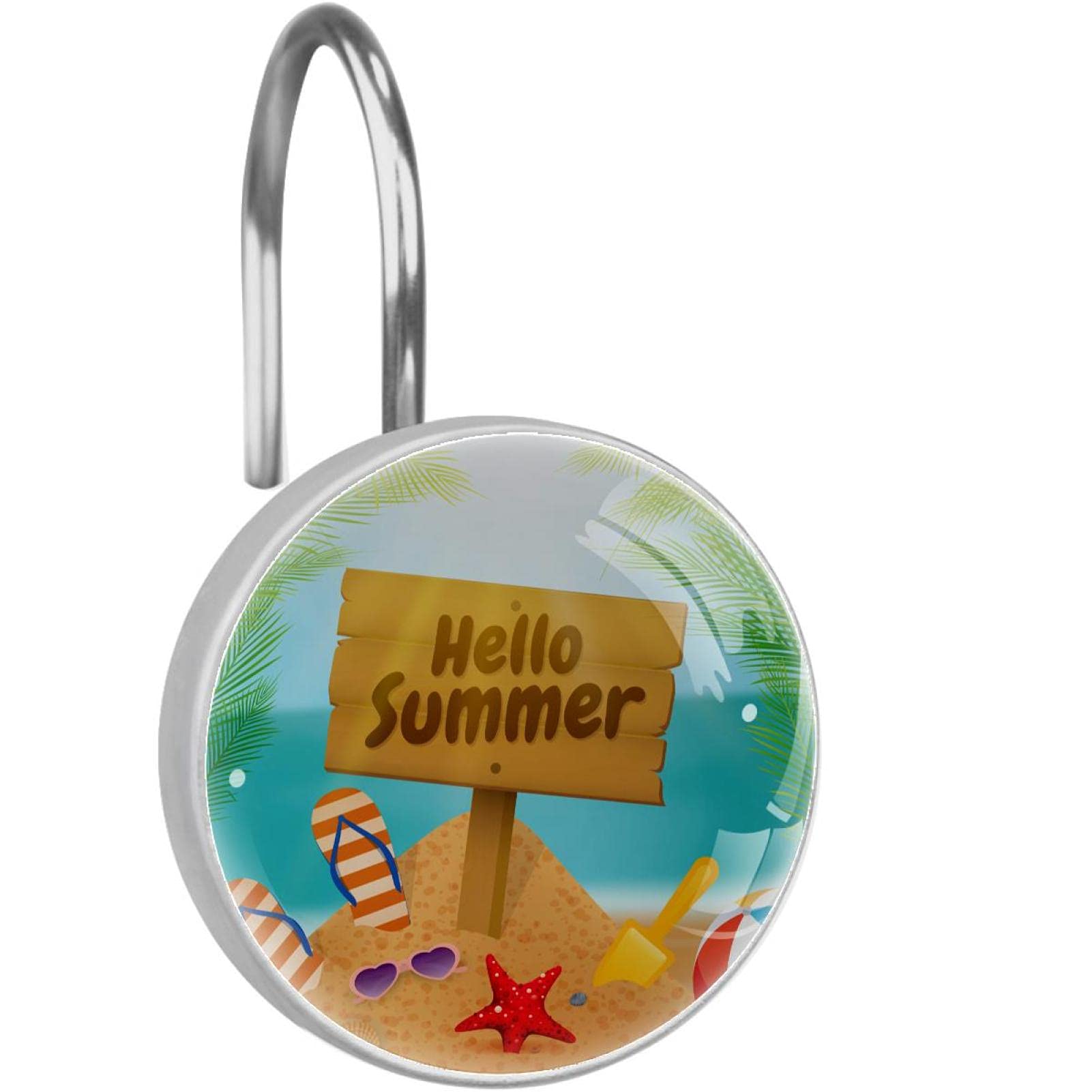 Crochets de rideau de douche Hello Summer Beach en acier inoxydable, lot de 12