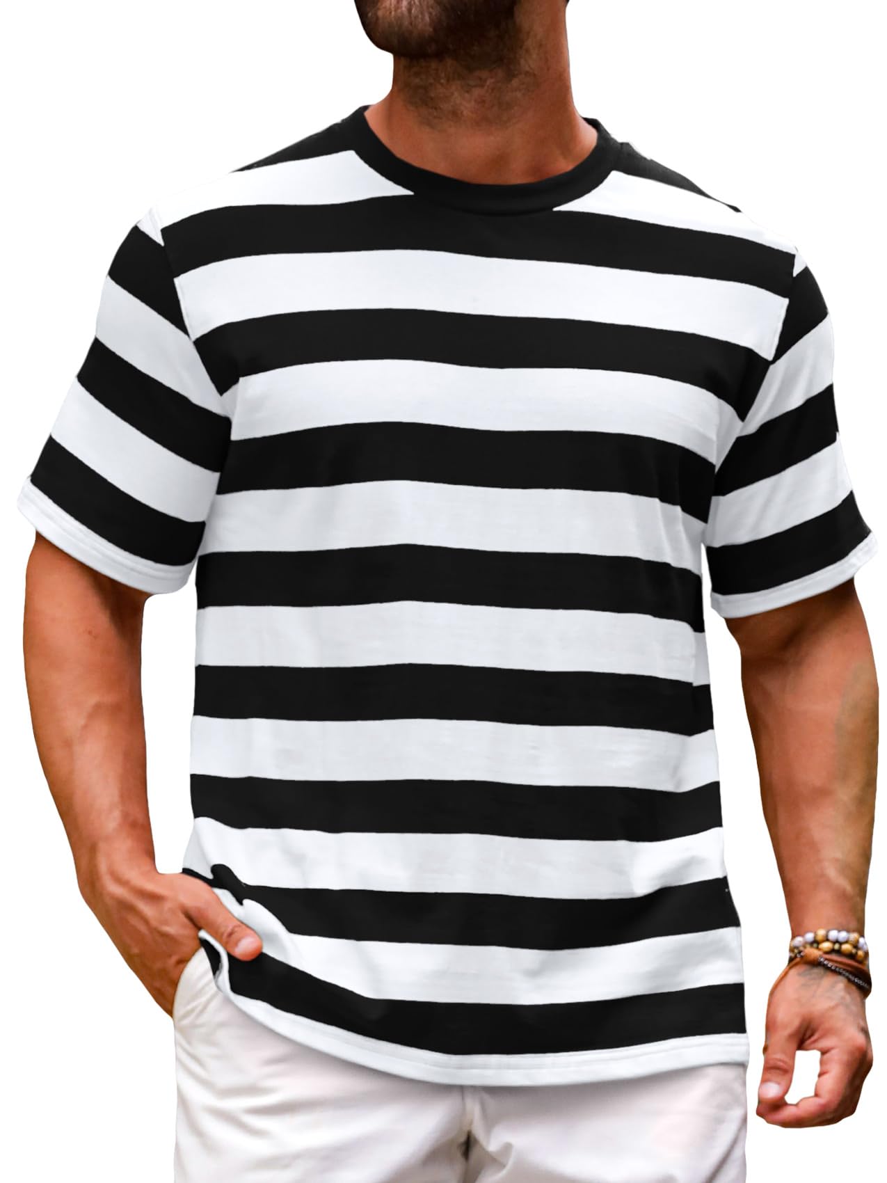 Mens Short Sleeve T-Shirts Striped Casual Crewneck Basic Shirt Color Block Stretch Summer Beach Tees Black