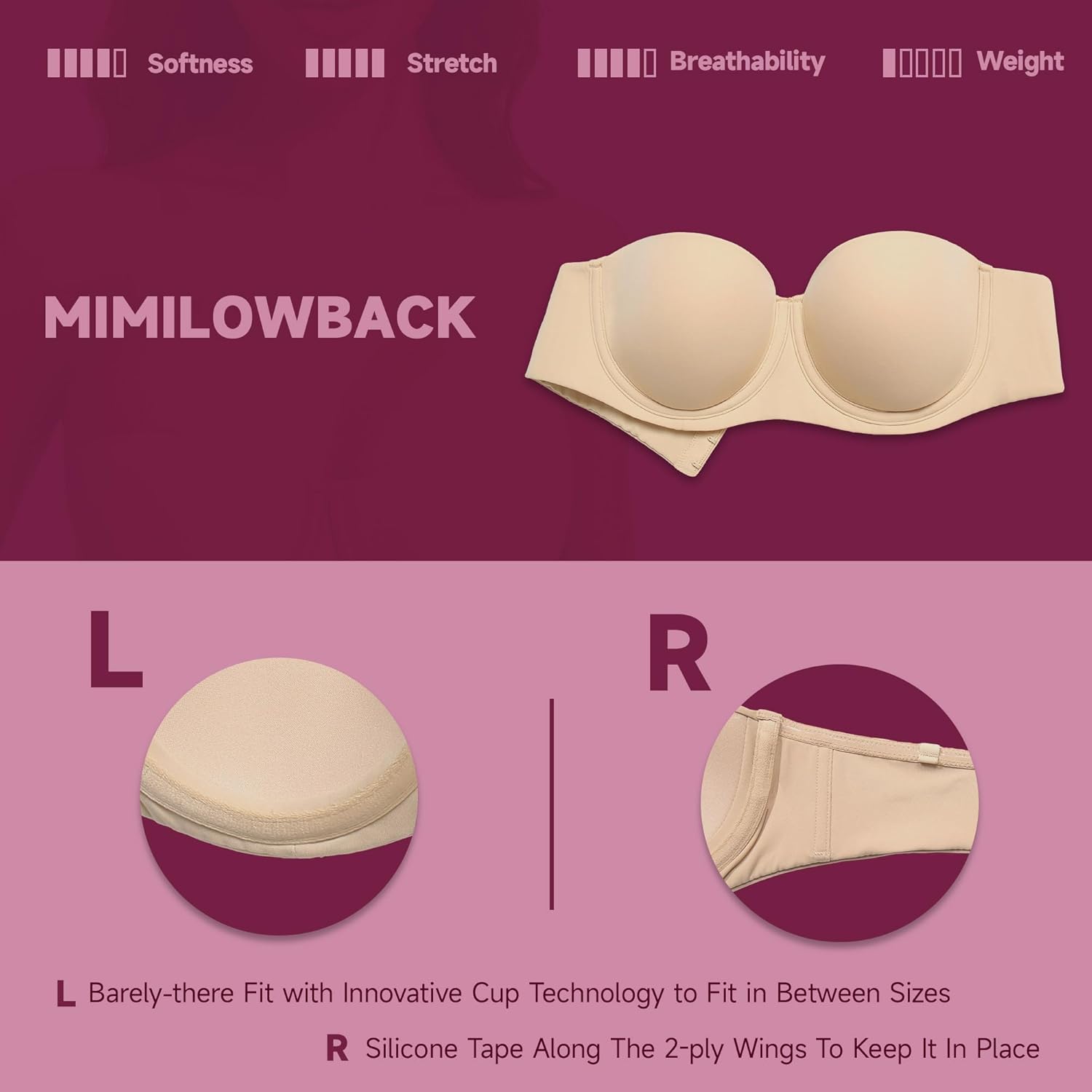 Women's Strapless Bra-Lightly Lined Non Slip Invisible Balconette Underwire Support Multiway Bandeau Bra for Comfort Lift - Image 4